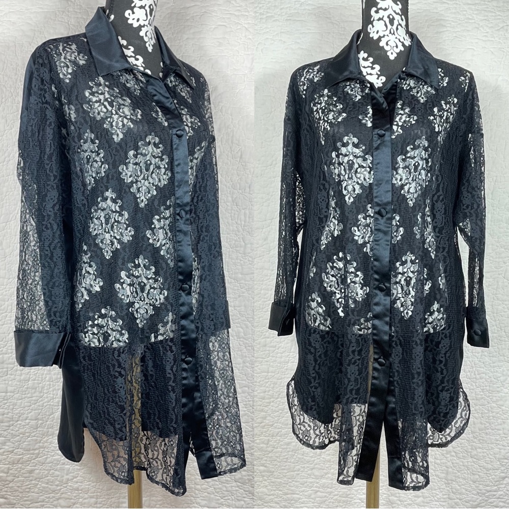 🔥Vtg Victoria’s Secret Gold Label Lace Sheer Black Button Shirt Gothic Romantic